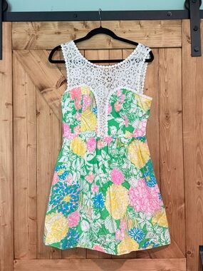 Lilly Pulitzer Green Floral Cotton Eyelet Sundress with Pink Yellow Blue Flowers
